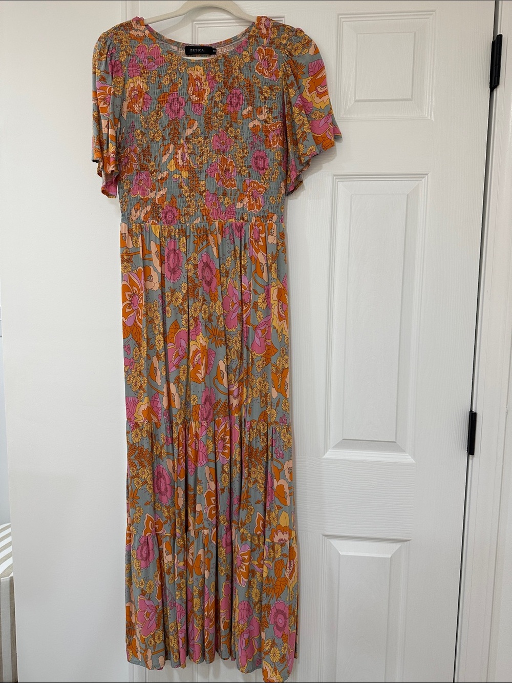 Zesica Pink and Mustard Floral Smocked Maxi Dress